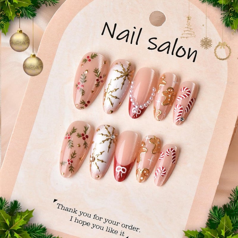 SEENEEY Christmas Almond Press on Nails Medium Fake Nails Red French Artificial Nail with Pearl and Gold Charm Designs Stick on Nail for Women 24pcs - Image 2
